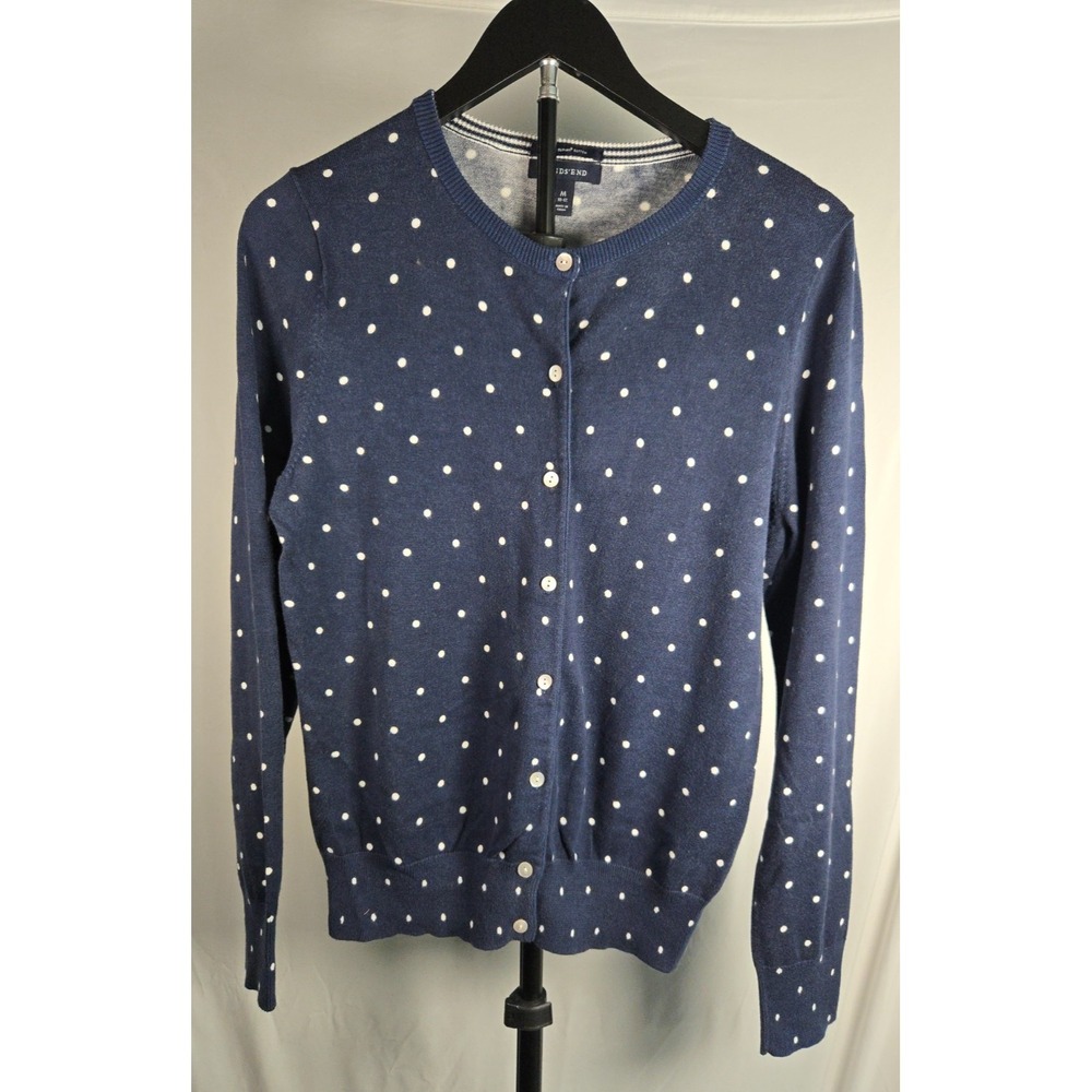 Navy White Polka Dot Cardigan Sweater Sz M Supima Cotton Preppy Old Money Classy